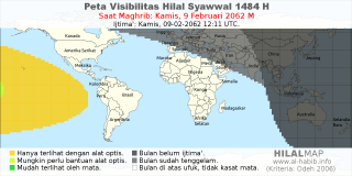 HilalMap: Peta Visibilitas Hilal Syawwal 1484 H: rukyat tanggal 2062-2-9 M