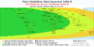 HilalMap: Peta Visibilitas Hilal Syawwal 1484 H: rukyat tanggal 2062-2-10 M