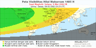 HilalMap: Peta Visibilitas Hilal Muharram 1485 H: rukyat tanggal 2062-5-9 M