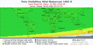 HilalMap: Peta Visibilitas Hilal Muharram 1485 H: rukyat tanggal 2062-5-10 M