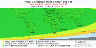 HilalMap: Peta Visibilitas Hilal Shafar 1485 H: rukyat tanggal 2062-6-8 M