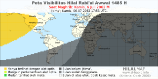 HilalMap: Peta Visibilitas Hilal Rabiul-Awwal 1485 H: rukyat tanggal 2062-7-6 M