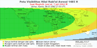 HilalMap: Peta Visibilitas Hilal Rabiul-Awwal 1485 H: rukyat tanggal 2062-7-7 M