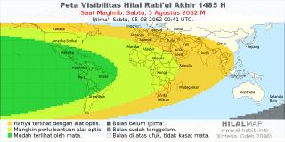 HilalMap: Peta Visibilitas Hilal Rabiul-Akhir 1485 H: rukyat tanggal 2062-8-5 M