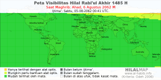 HilalMap: Peta Visibilitas Hilal Rabiul-Akhir 1485 H: rukyat tanggal 2062-8-6 M