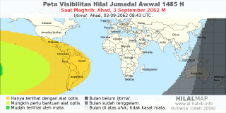 HilalMap: Peta Visibilitas Hilal Jumadal-Awwal 1485 H: rukyat tanggal 2062-9-3 M