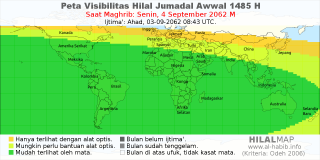 HilalMap: Peta Visibilitas Hilal Jumadal-Awwal 1485 H: rukyat tanggal 2062-9-4 M