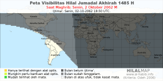 HilalMap: Peta Visibilitas Hilal Jumadal-Akhirah 1485 H: rukyat tanggal 2062-10-2 M