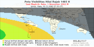 HilalMap: Peta Visibilitas Hilal Rajab 1485 H: rukyat tanggal 2062-11-1 M