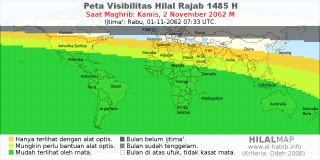 HilalMap: Peta Visibilitas Hilal Rajab 1485 H: rukyat tanggal 2062-11-2 M
