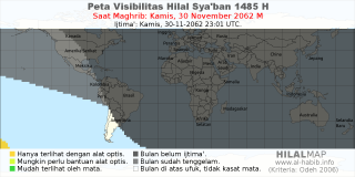HilalMap: Peta Visibilitas Hilal Syaban 1485 H: rukyat tanggal 2062-11-30 M