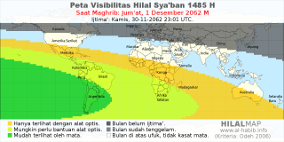 HilalMap: Peta Visibilitas Hilal Syaban 1485 H: rukyat tanggal 2062-12-1 M