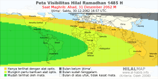 HilalMap: Peta Visibilitas Hilal Ramadhan 1485 H: rukyat tanggal 2062-12-31 M