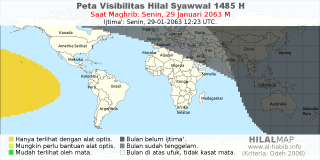 HilalMap: Peta Visibilitas Hilal Syawwal 1485 H: rukyat tanggal 2063-1-29 M