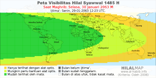 HilalMap: Peta Visibilitas Hilal Syawwal 1485 H: rukyat tanggal 2063-1-30 M