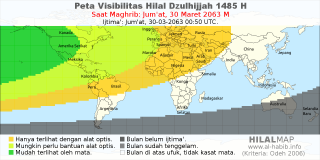 HilalMap: Peta Visibilitas Hilal Dzulhijjah 1485 H: rukyat tanggal 2063-3-30 M
