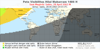HilalMap: Peta Visibilitas Hilal Muharram 1486 H: rukyat tanggal 2063-4-28 M