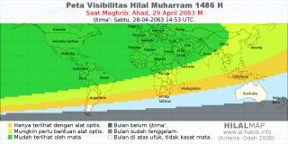 HilalMap: Peta Visibilitas Hilal Muharram 1486 H: rukyat tanggal 2063-4-29 M