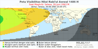 HilalMap: Peta Visibilitas Hilal Rabiul-Awwal 1486 H: rukyat tanggal 2063-6-26 M