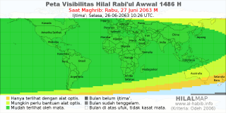 HilalMap: Peta Visibilitas Hilal Rabiul-Awwal 1486 H: rukyat tanggal 2063-6-27 M