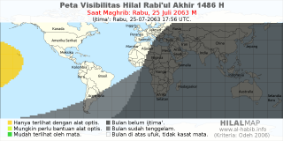HilalMap: Peta Visibilitas Hilal Rabiul-Akhir 1486 H: rukyat tanggal 2063-7-25 M