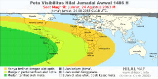 HilalMap: Peta Visibilitas Hilal Jumadal-Awwal 1486 H: rukyat tanggal 2063-8-24 M