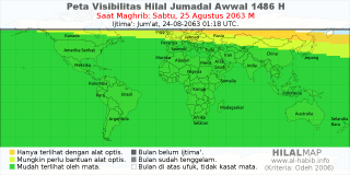 HilalMap: Peta Visibilitas Hilal Jumadal-Awwal 1486 H: rukyat tanggal 2063-8-25 M