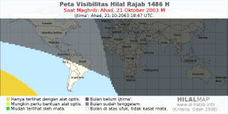 HilalMap: Peta Visibilitas Hilal Rajab 1486 H: rukyat tanggal 2063-10-21 M