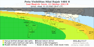 HilalMap: Peta Visibilitas Hilal Rajab 1486 H: rukyat tanggal 2063-10-22 M