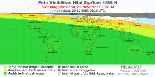 HilalMap: Peta Visibilitas Hilal Syaban 1486 H: rukyat tanggal 2063-11-21 M