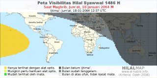 HilalMap: Peta Visibilitas Hilal Syawwal 1486 H: rukyat tanggal 2064-1-18 M