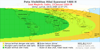 HilalMap: Peta Visibilitas Hilal Syawwal 1486 H: rukyat tanggal 2064-1-19 M