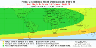 HilalMap: Peta Visibilitas Hilal Dzulqaidah 1486 H: rukyat tanggal 2064-2-18 M