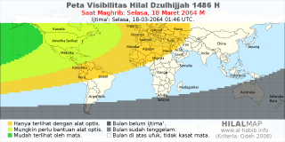 HilalMap: Peta Visibilitas Hilal Dzulhijjah 1486 H: rukyat tanggal 2064-3-18 M