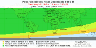 HilalMap: Peta Visibilitas Hilal Dzulhijjah 1486 H: rukyat tanggal 2064-3-19 M