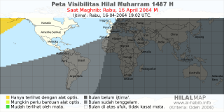 HilalMap: Peta Visibilitas Hilal Muharram 1487 H: rukyat tanggal 2064-4-16 M