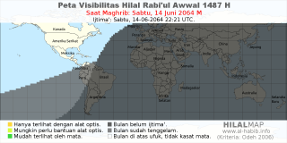 HilalMap: Peta Visibilitas Hilal Rabiul-Awwal 1487 H: rukyat tanggal 2064-6-14 M