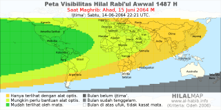 HilalMap: Peta Visibilitas Hilal Rabiul-Awwal 1487 H: rukyat tanggal 2064-6-15 M