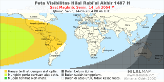 HilalMap: Peta Visibilitas Hilal Rabiul-Akhir 1487 H: rukyat tanggal 2064-7-14 M