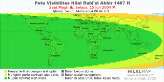 HilalMap: Peta Visibilitas Hilal Rabiul-Akhir 1487 H: rukyat tanggal 2064-7-15 M