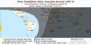HilalMap: Peta Visibilitas Hilal Jumadal-Awwal 1487 H: rukyat tanggal 2064-8-12 M