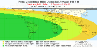 HilalMap: Peta Visibilitas Hilal Jumadal-Awwal 1487 H: rukyat tanggal 2064-8-13 M