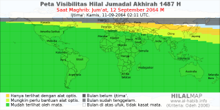 HilalMap: Peta Visibilitas Hilal Jumadal-Akhirah 1487 H: rukyat tanggal 2064-9-12 M