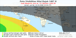 HilalMap: Peta Visibilitas Hilal Rajab 1487 H: rukyat tanggal 2064-10-10 M