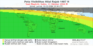 HilalMap: Peta Visibilitas Hilal Rajab 1487 H: rukyat tanggal 2064-10-11 M