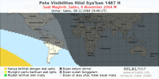 HilalMap: Peta Visibilitas Hilal Syaban 1487 H: rukyat tanggal 2064-11-8 M