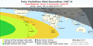 HilalMap: Peta Visibilitas Hilal Ramadhan 1487 H: rukyat tanggal 2064-12-8 M