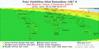 HilalMap: Peta Visibilitas Hilal Ramadhan 1487 H: rukyat tanggal 2064-12-9 M
