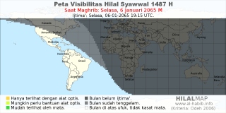 HilalMap: Peta Visibilitas Hilal Syawwal 1487 H: rukyat tanggal 2065-1-6 M