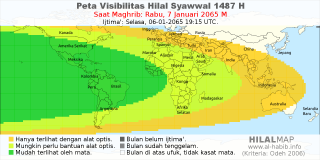HilalMap: Peta Visibilitas Hilal Syawwal 1487 H: rukyat tanggal 2065-1-7 M